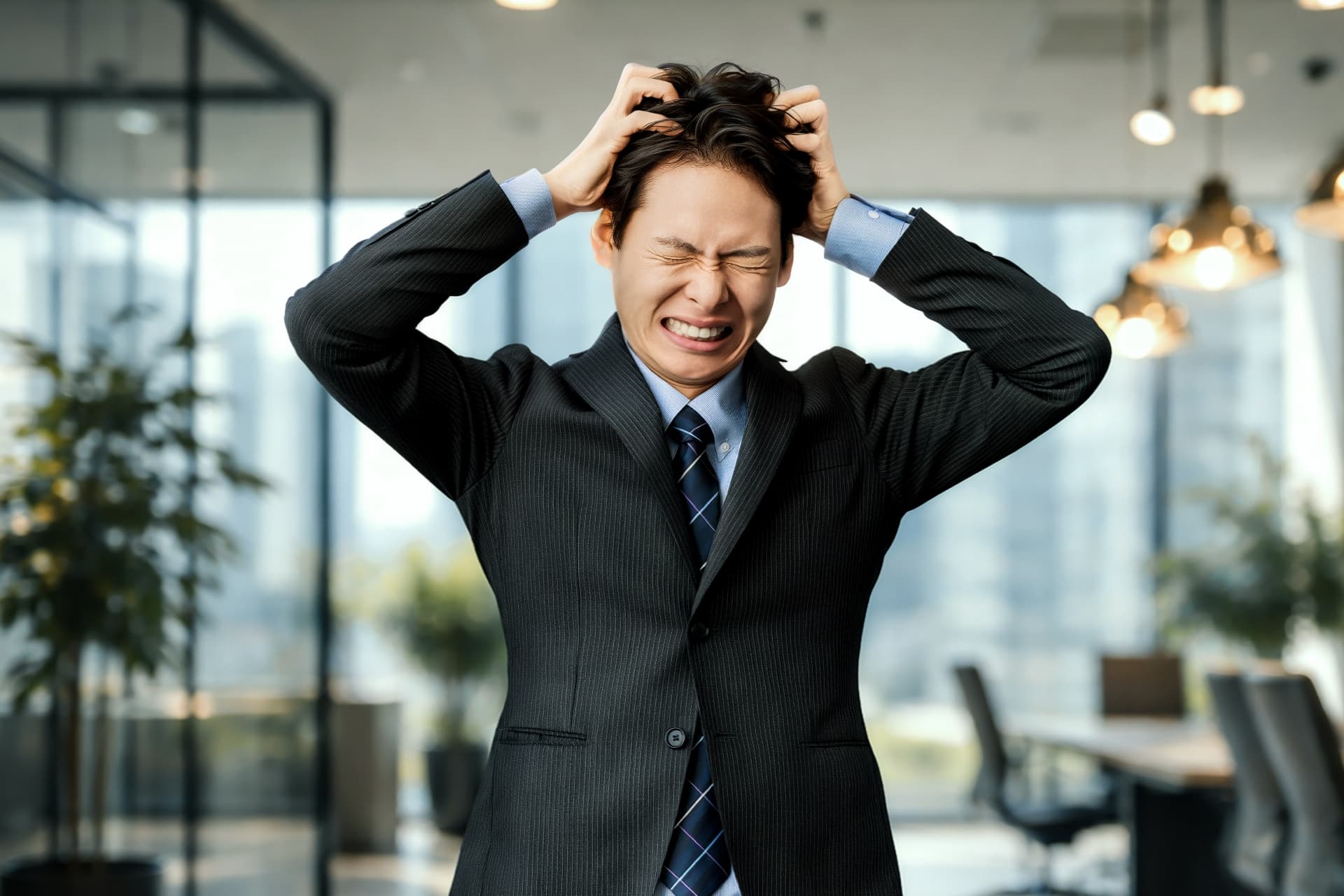 頭を抱えて悩む男性